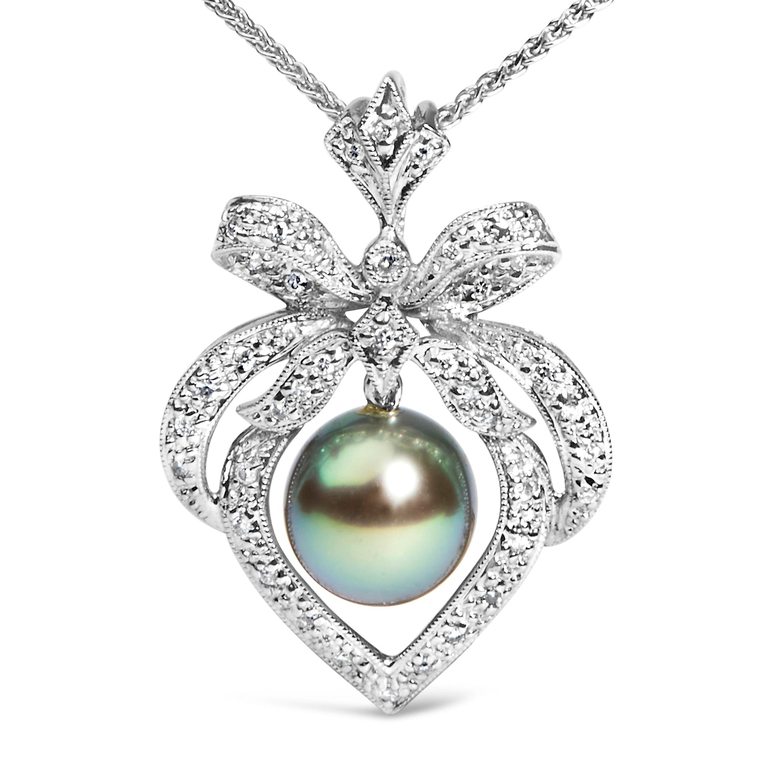 18K 3/4 Cttw Diamond and 12.5 MM Cultured Black Tahitian Pearl Heart Pendant Necklace (G-H Color, SI1-SI2 Clarity) - 18" Inches by Bids.com