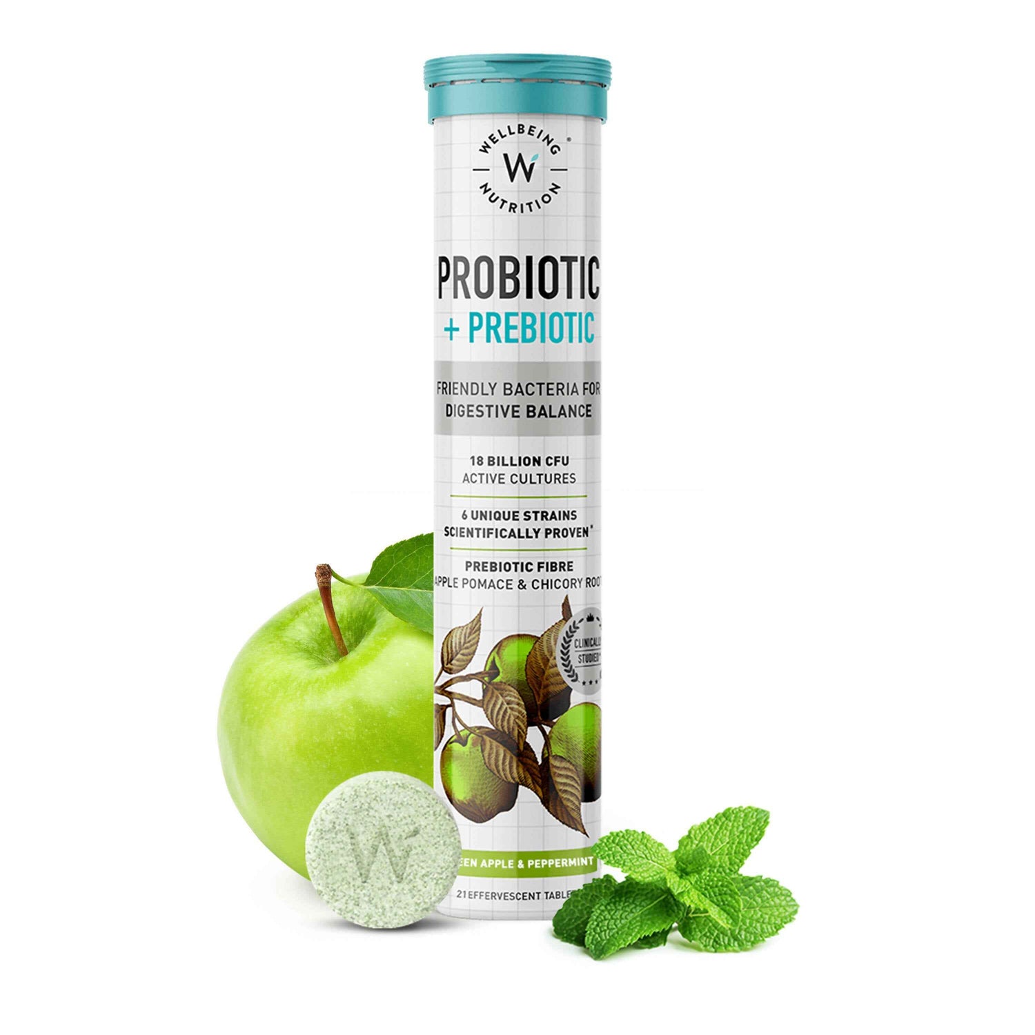Wellbeing Nutrition Probiotic + Prebiotic Effervescent Tablets-Green Apple &amp; Mint Flavor