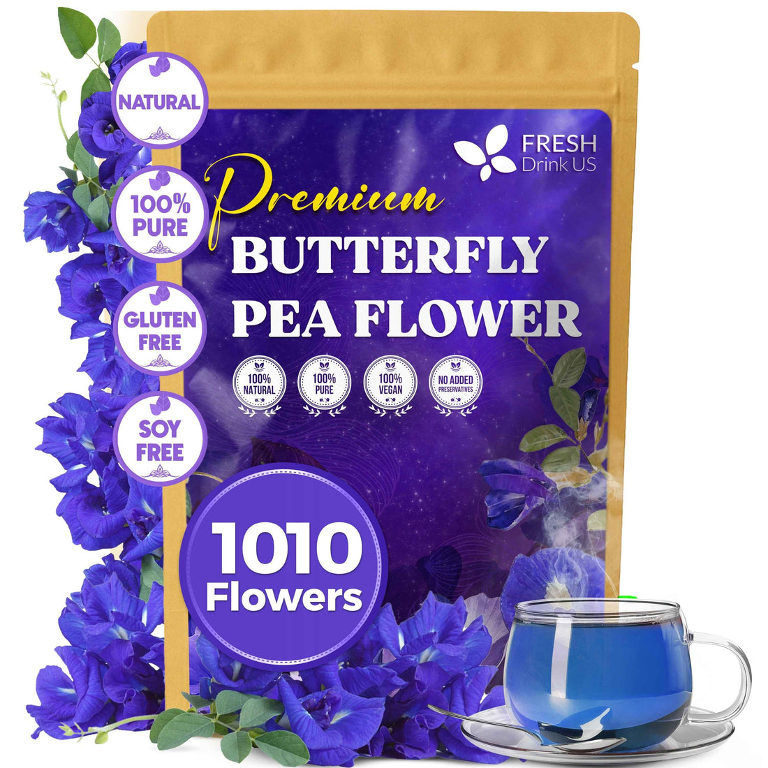 Premium Butterfly Pea Flowers, Tea Bags, 100% Natural and Pure from Butterfly Pea Flowers, Hand-made, Made With Natural Materials-Corn Fiber Tea Bag, Sugar/Caffeine/Gluten Free
