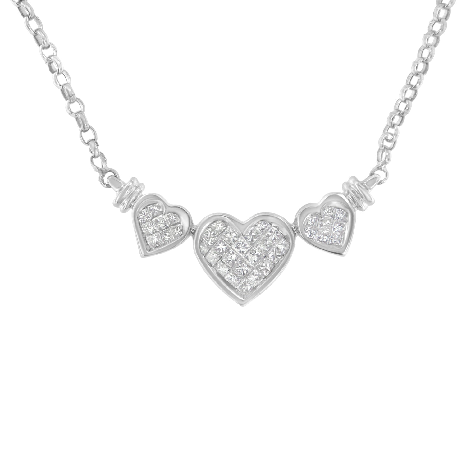14K White Gold 1.0 Cttw Princess Cut Diamond Three Heart 18" Statement Pendant Necklace (H-I Color, SI2-I1 Clarity) by Bids.com