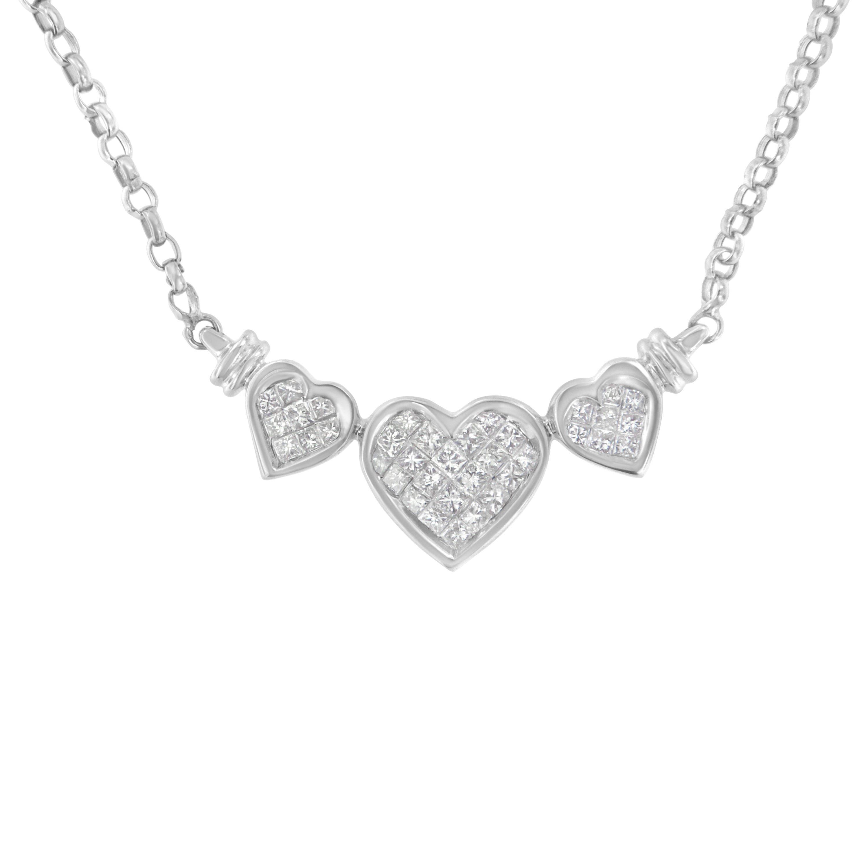 14K White Gold 1.0 Cttw Princess Cut Diamond Three Heart 18" Statement Pendant Necklace (H-I Color, SI2-I1 Clarity) by Bids.com