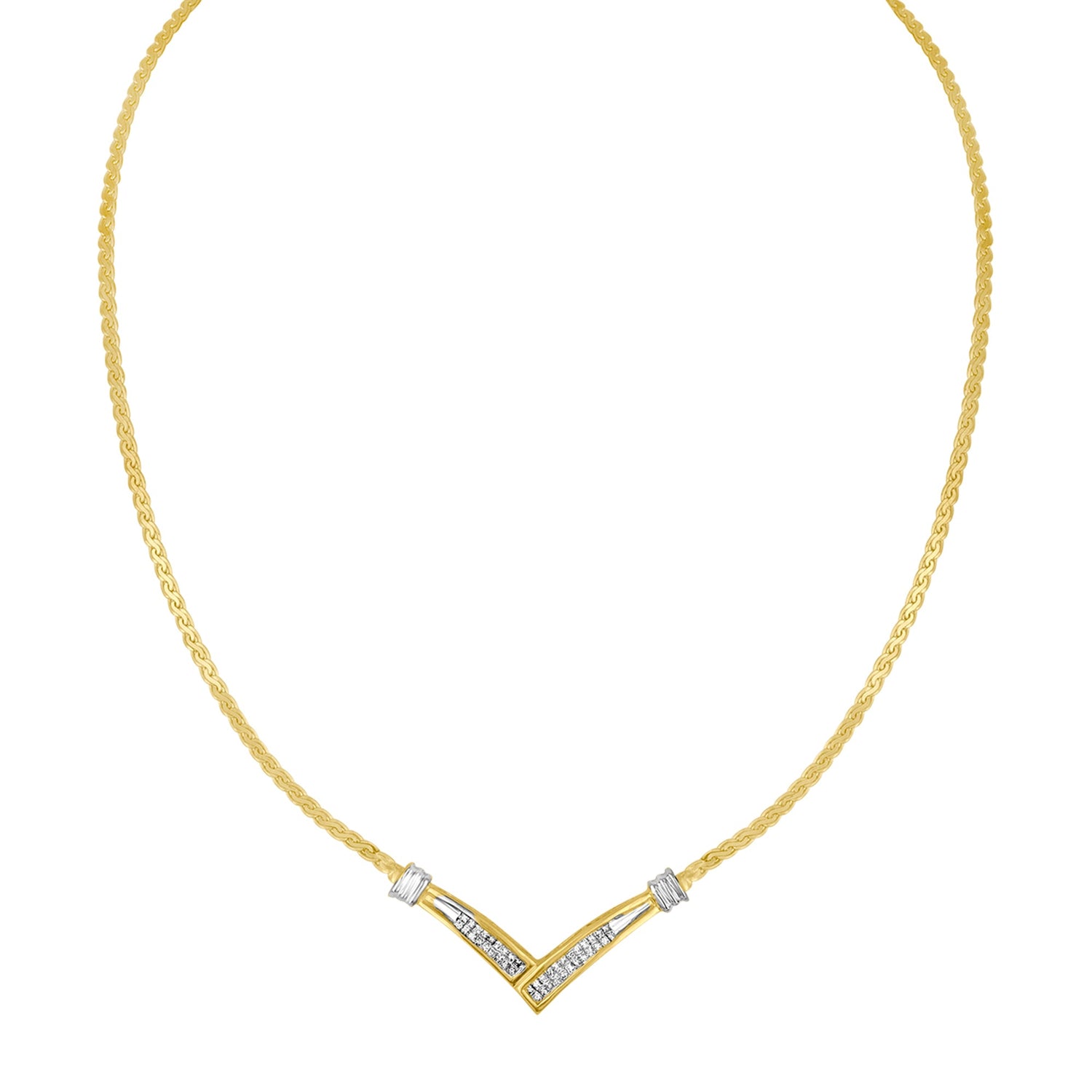 10K Yellow and White Gold 1/2 Cttw Princess Cut Diamond Channel-Set â€œVâ€ Shape 18" Franco Chain Necklace (H-I Color, SI2-I1 Clarity) by Bids.com