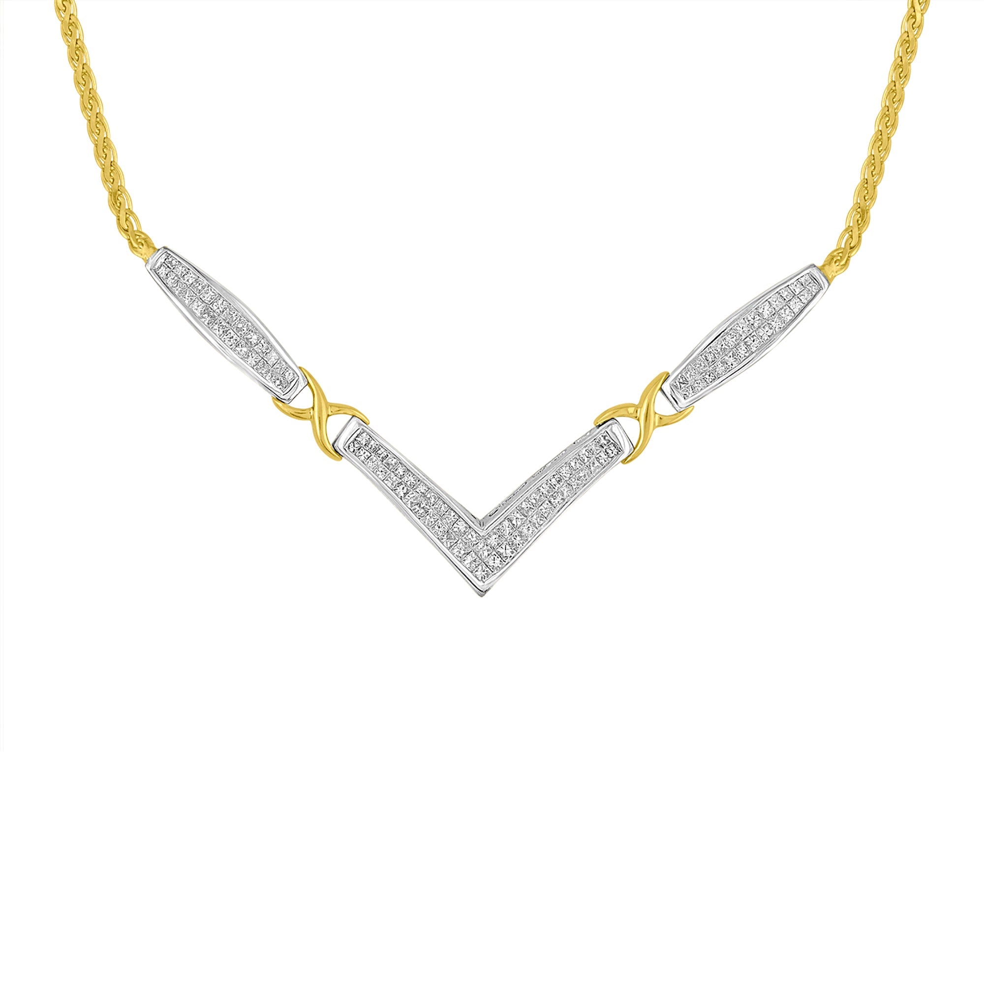 14K Yellow and White Gold 2.0 Cttw Princess Cut Diamond Flared and X-Station V Shaped 18â€ Franco Chain Statement Necklace (H-I Color, SI2-I1 Clarity) by Bids.com