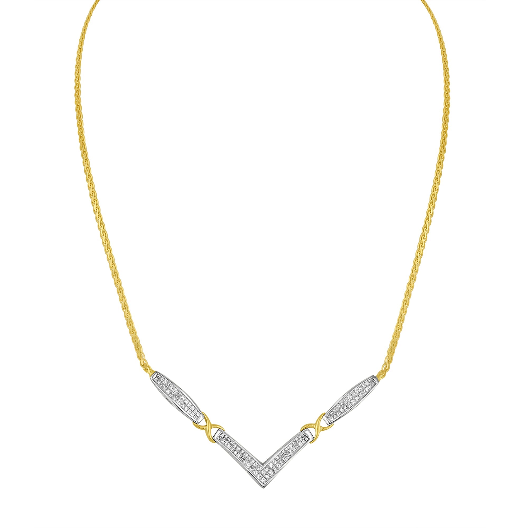 14K Yellow and White Gold 2.0 Cttw Princess Cut Diamond Flared and X-Station V Shaped 18â€ Franco Chain Statement Necklace (H-I Color, SI2-I1 Clarity) by Bids.com
