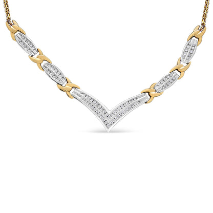 10K Yellow and White Gold 1.0 Cttw Round and Princess cut Diamond "V" Shape Statement Necklace (I-J Color, I1-I2 Clarity) by Bids.com