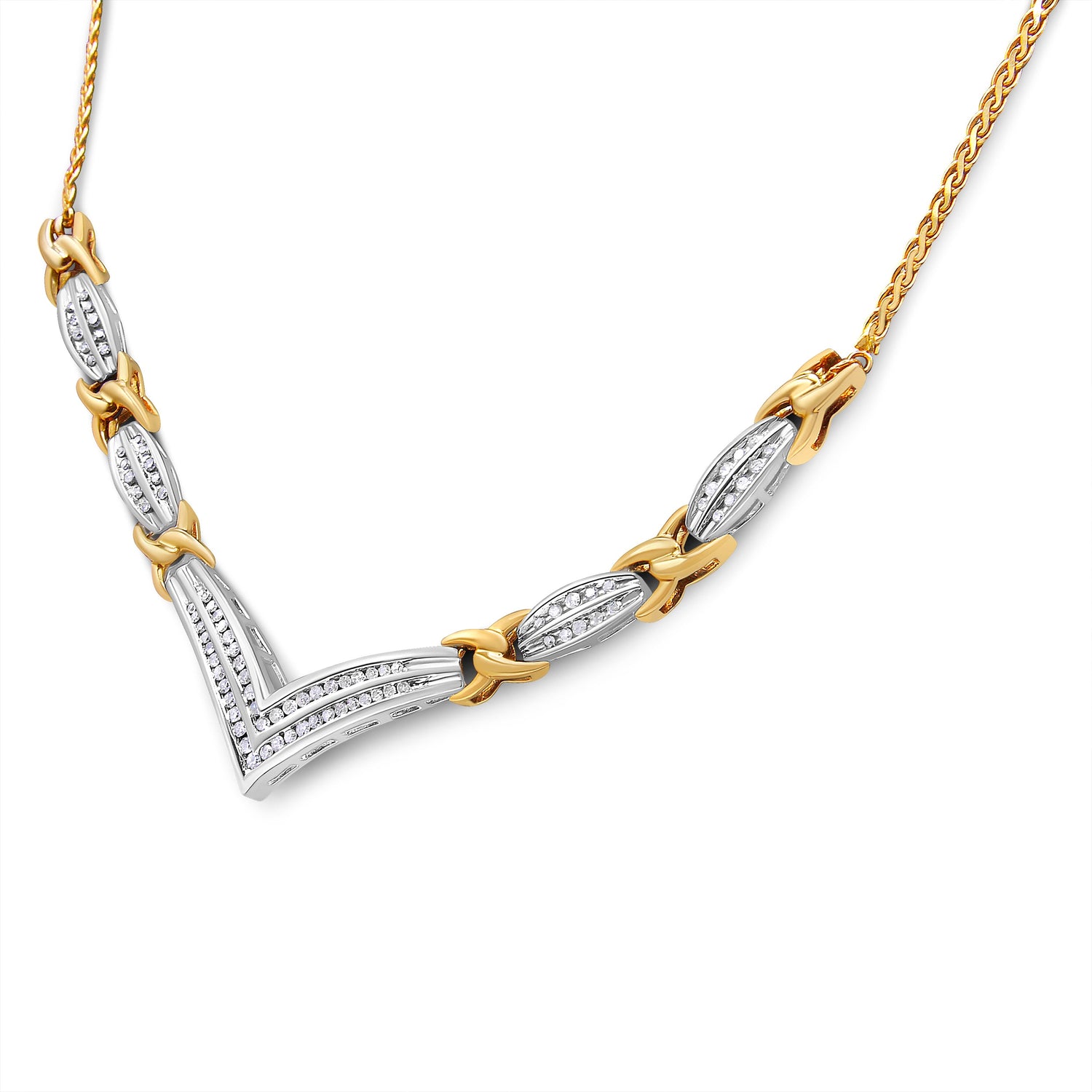 10K Yellow and White Gold 1.0 Cttw Round and Princess cut Diamond "V" Shape Statement Necklace (I-J Color, I1-I2 Clarity) by Bids.com