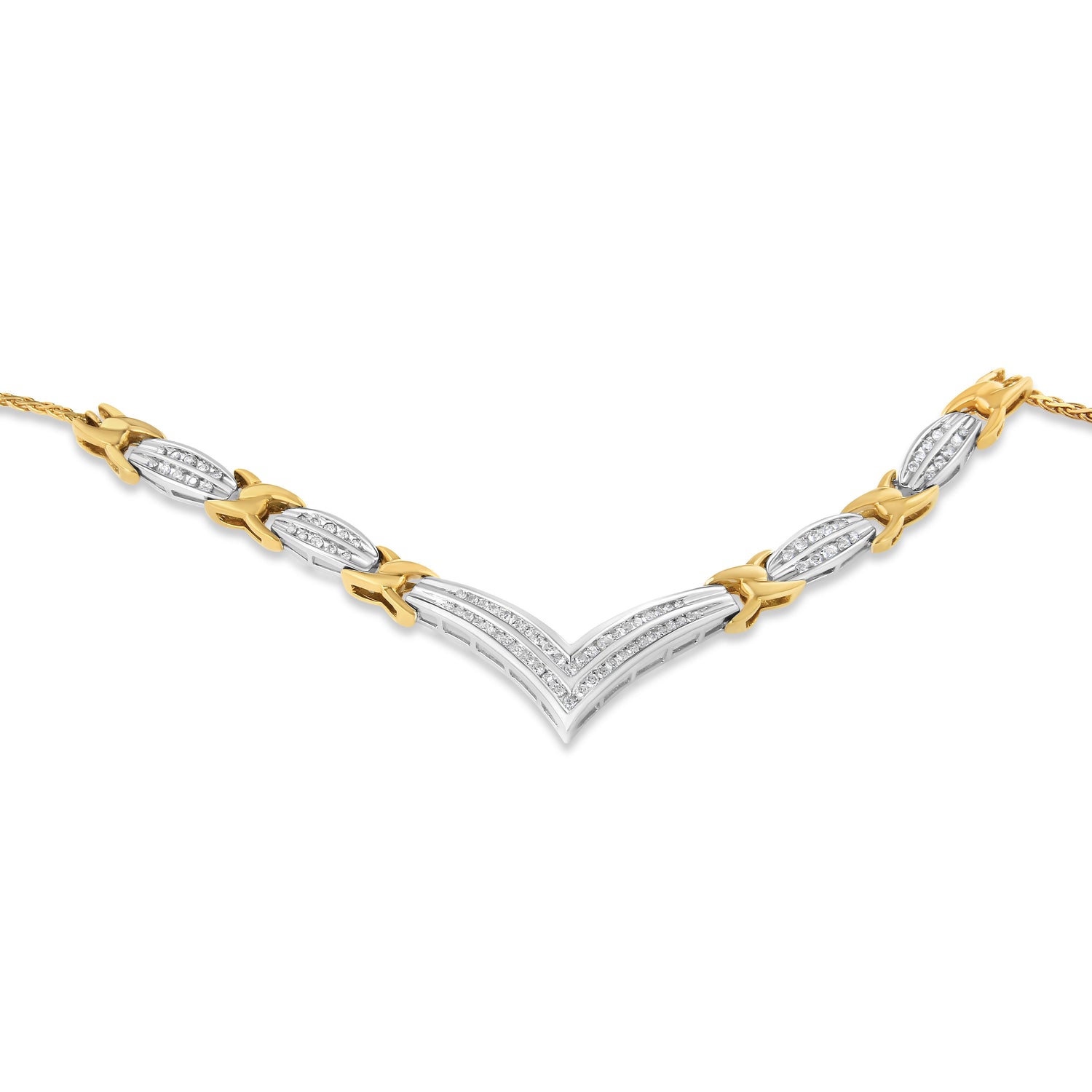 10K Yellow and White Gold 1.0 Cttw Round and Princess cut Diamond "V" Shape Statement Necklace (I-J Color, I1-I2 Clarity) by Bids.com