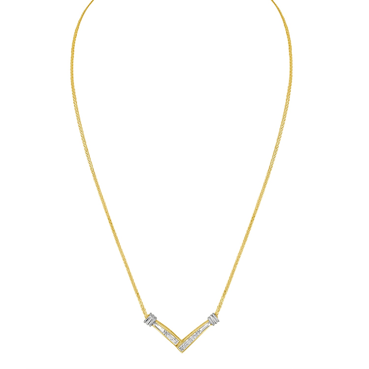 14K Yellow and White Gold 1/4 Cttw Princess Cut Diamond Channel-Set â€œVâ€ Shape 18" Pendant Necklace (H-I Color, SI2-I1 Clarity) by Bids.com