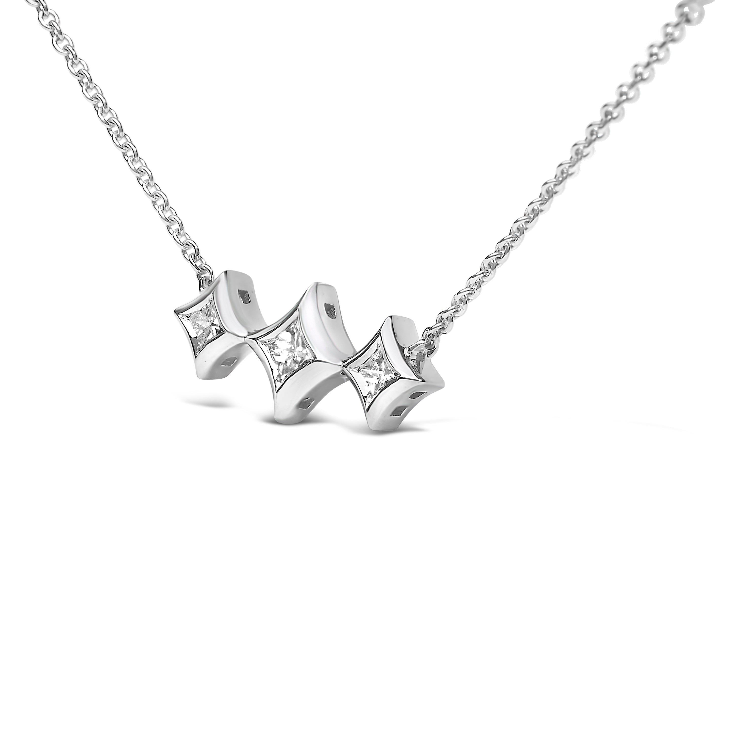 10K White Gold Bezel Set Princess Diamond 3 Stone Kite Shape and Station Necklace (H-I Color, SI2-I1 Clarity) - 18" Inches by Bids.com