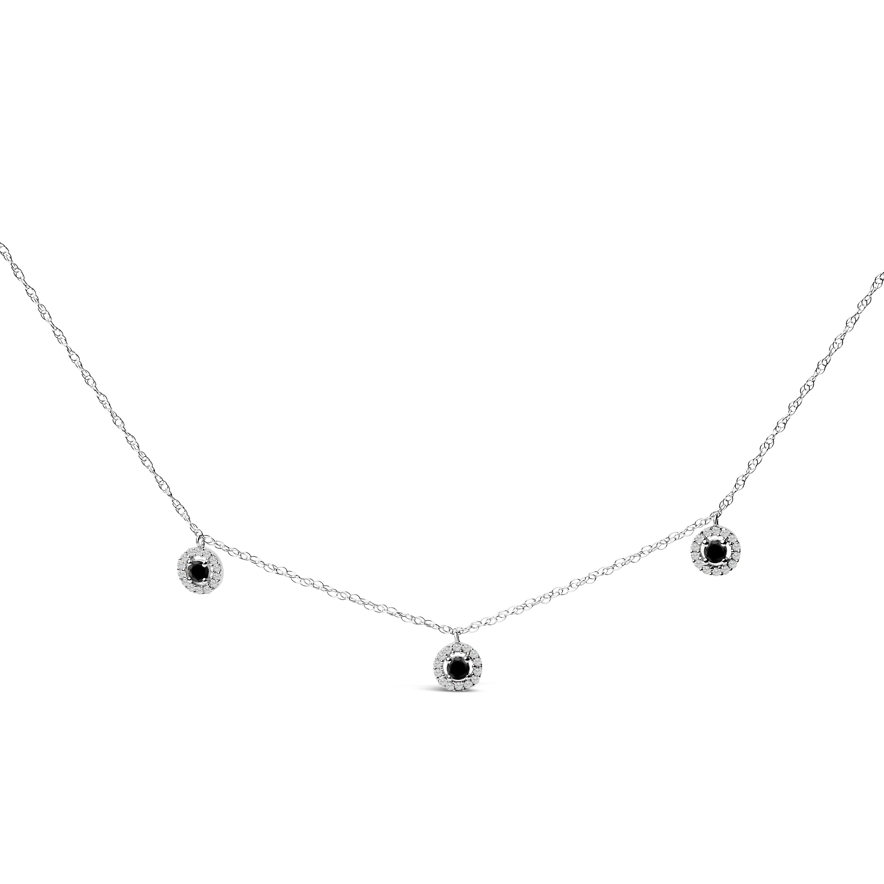 .925 Sterling Silver 5/8 Cttw Black Diamond 3 Station with Halo Necklace  DestGlow
