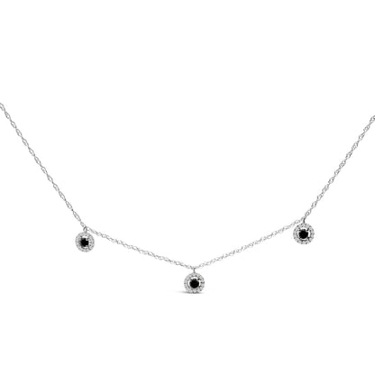 .925 Sterling Silver 5/8 Cttw Black Diamond 3 Station with Halo Necklace  DestGlow
