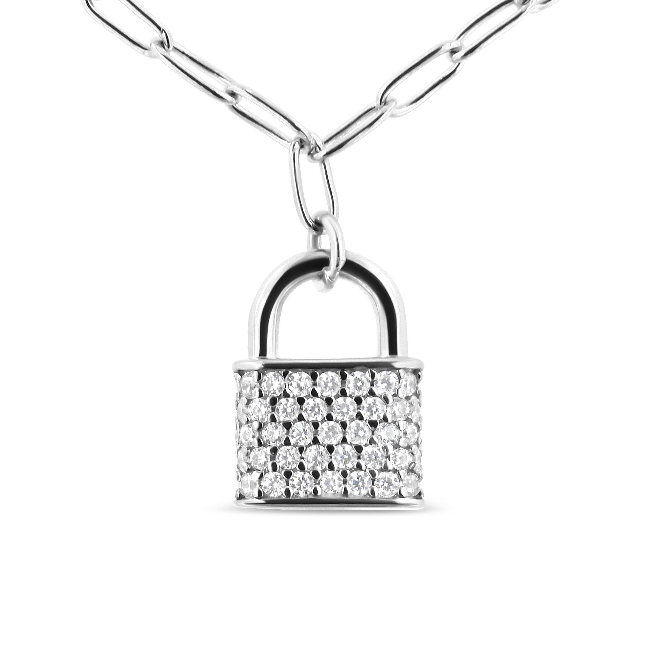 .925 Sterling Silver 1/4 Cttw Diamond Lock 18" Pendant Necklace with Paperclip Chain (H-I Color, SI2-I1 Clarity) by Bids.com