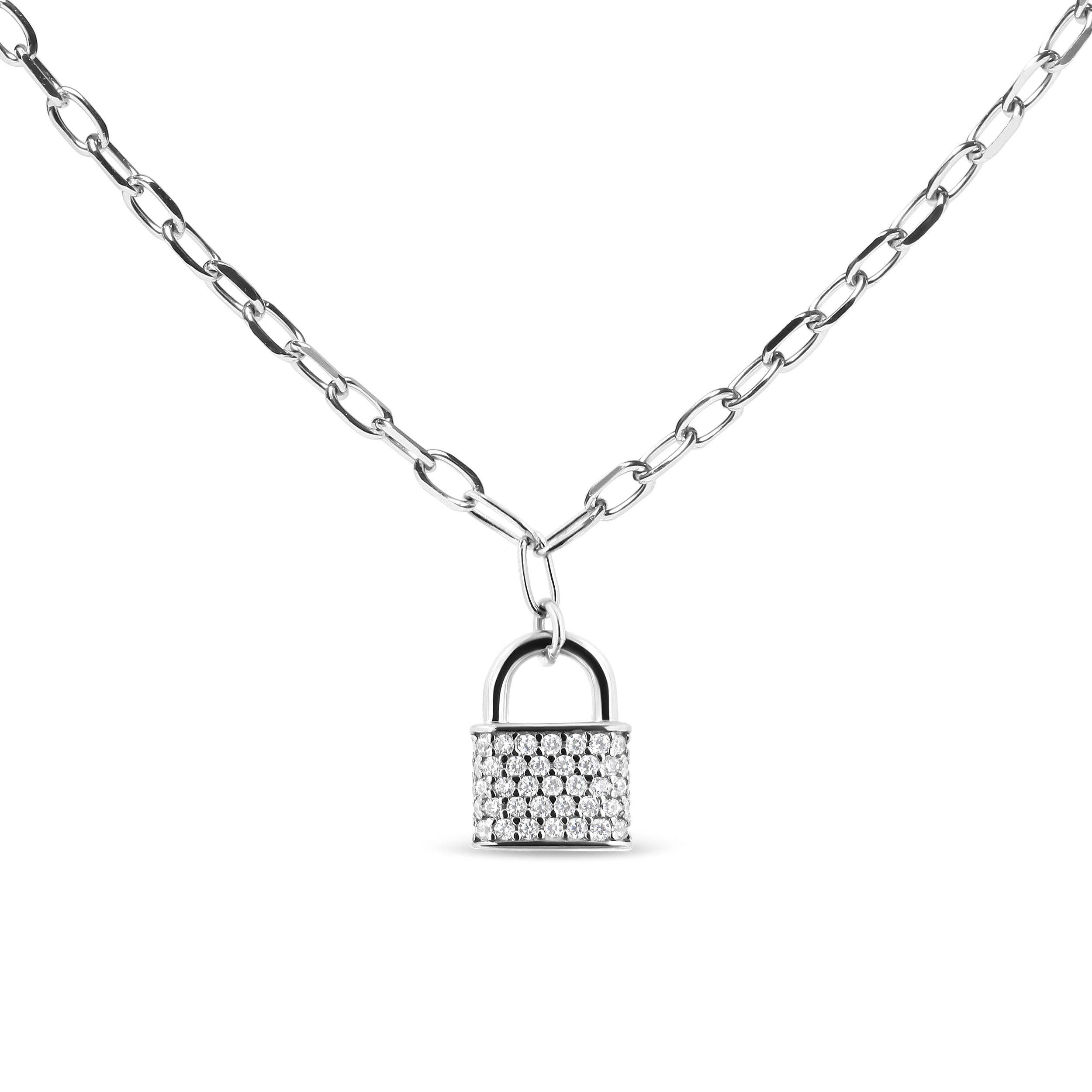 .925 Sterling Silver 1/4 Cttw Diamond Lock 18" Pendant Necklace with Paperclip Chain (H-I Color, SI2-I1 Clarity) by Bids.com