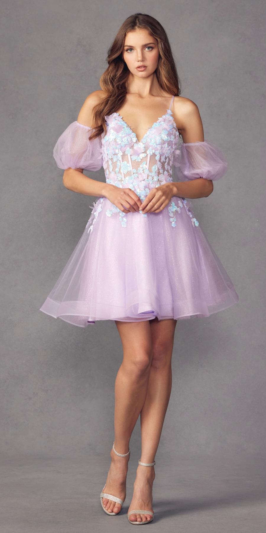Juliet 901 Short Removable Puff Sleeves A-Line Glitter Tulle Dress by DiscountDressShop