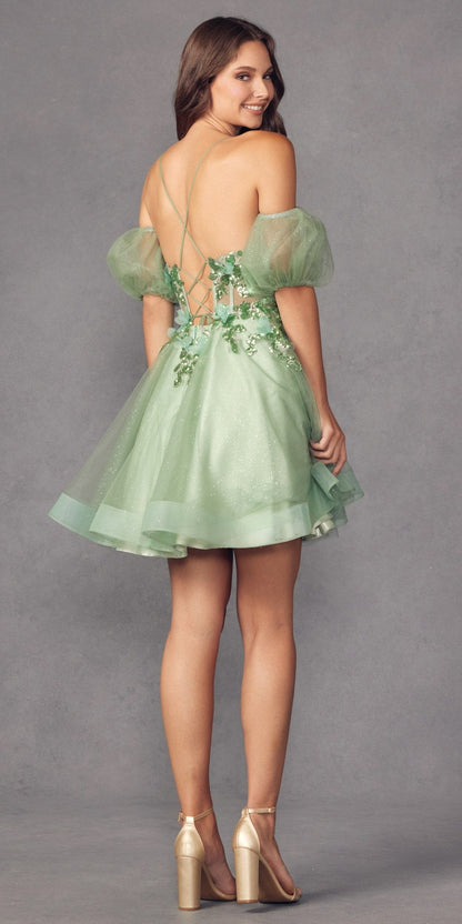 Juliet 901 Short Removable Puff Sleeves A-Line Glitter Tulle Dress by DiscountDressShop