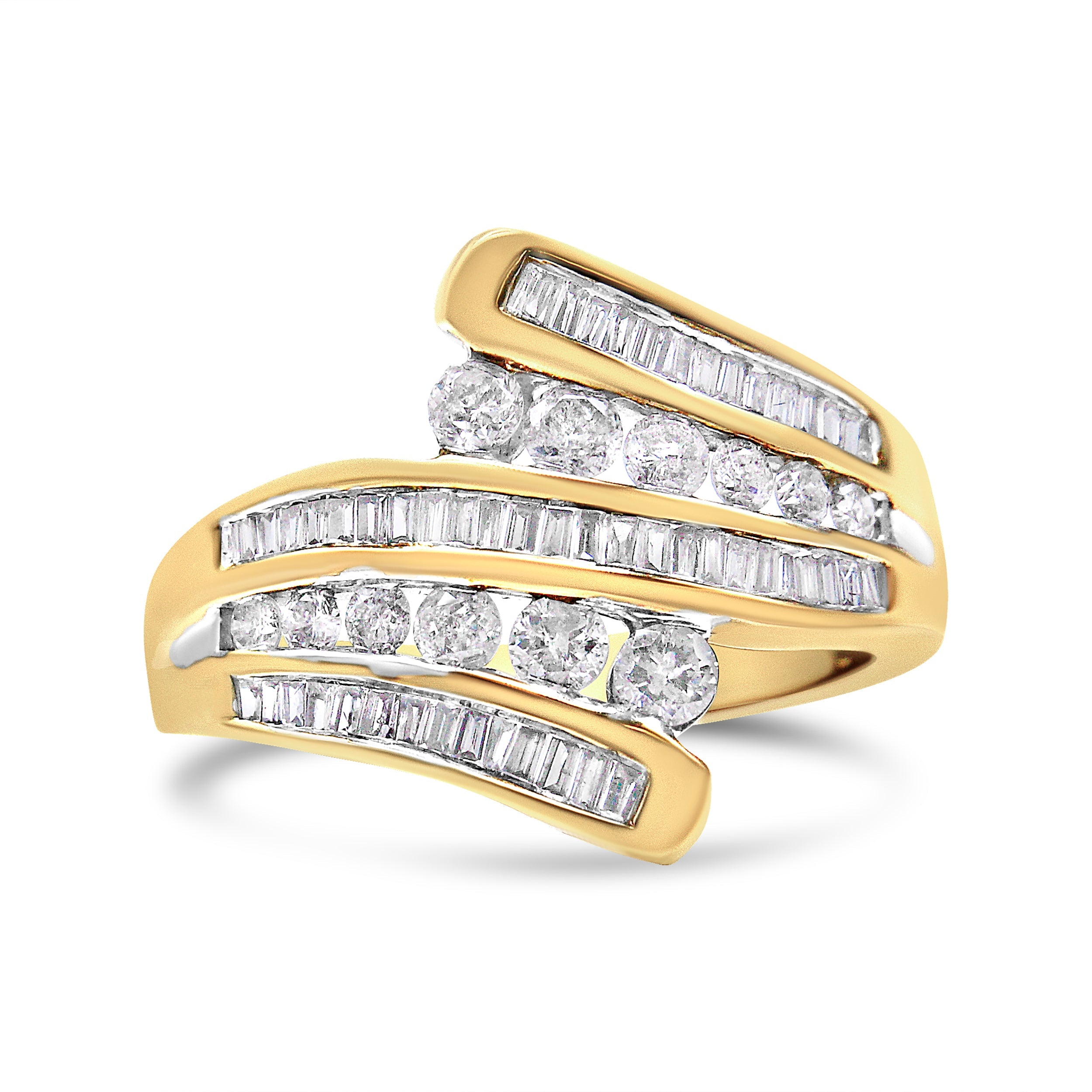 10K Yellow Gold 1 Cttw Round and Baguette-Cut Diamond Multi Row Bypass Ring Band (H-I Color, I1-I2 Clarity) - Ring Size 7 by Bids.com