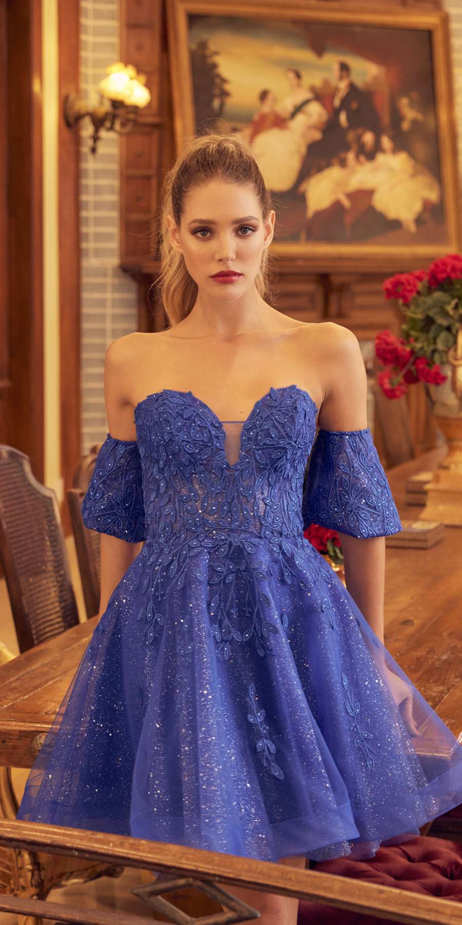 Juliet 909 Short A-Line Glitter Print Dress Removable Short Puff Sleeves by DiscountDressShop