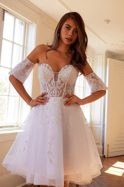 Juliet 909 Short A-Line Glitter Print Dress Removable Short Puff Sleeves by DiscountDressShop