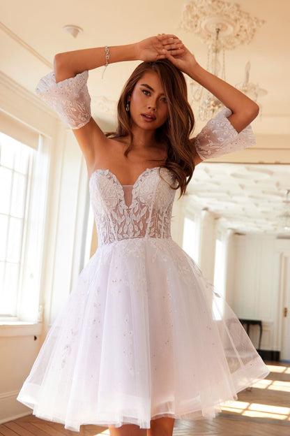 Juliet 909 Short A-Line Glitter Print Dress Removable Short Puff Sleeves by DiscountDressShop