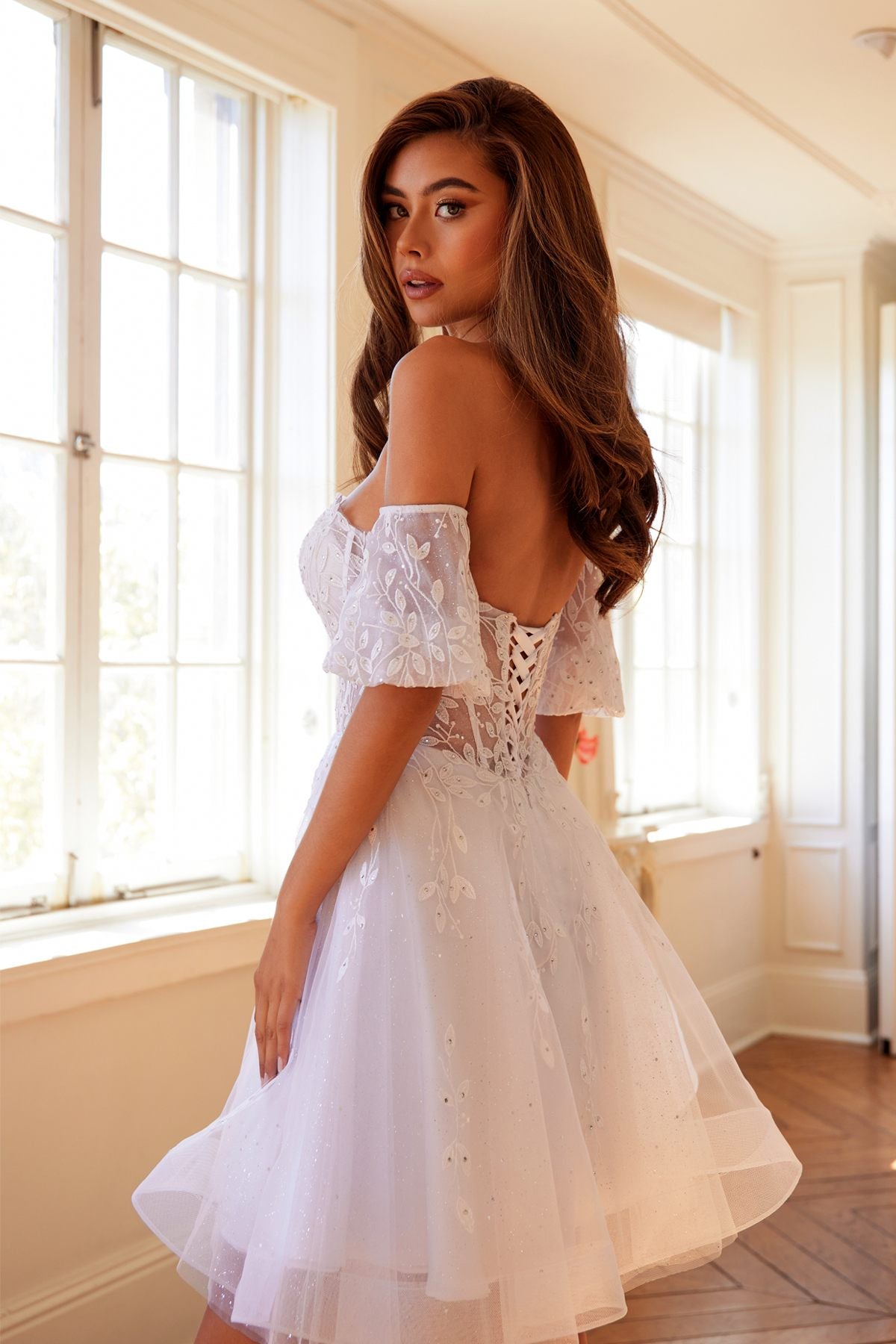 Juliet 909 Short A-Line Glitter Print Dress Removable Short Puff Sleeves by DiscountDressShop
