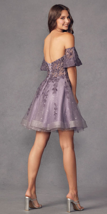 Juliet 909 Short A-Line Glitter Print Dress Removable Short Puff Sleeves by DiscountDressShop