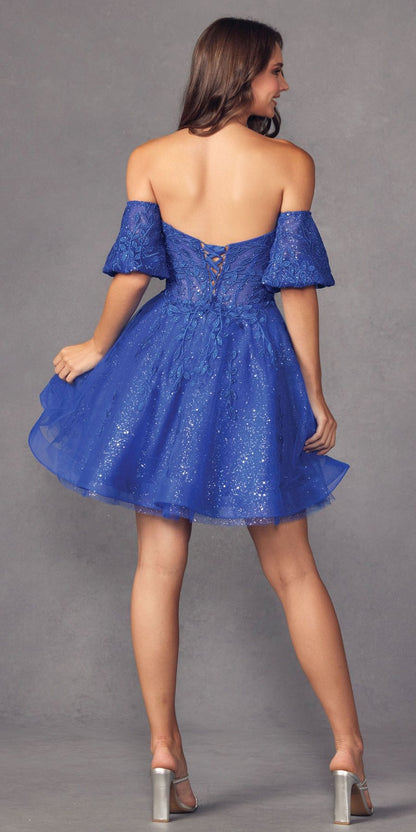 Juliet 909 Short A-Line Glitter Print Dress Removable Short Puff Sleeves by DiscountDressShop