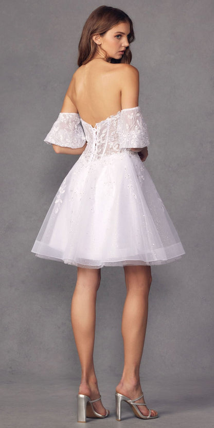 Juliet 909 Short A-Line Glitter Print Dress Removable Short Puff Sleeves by DiscountDressShop