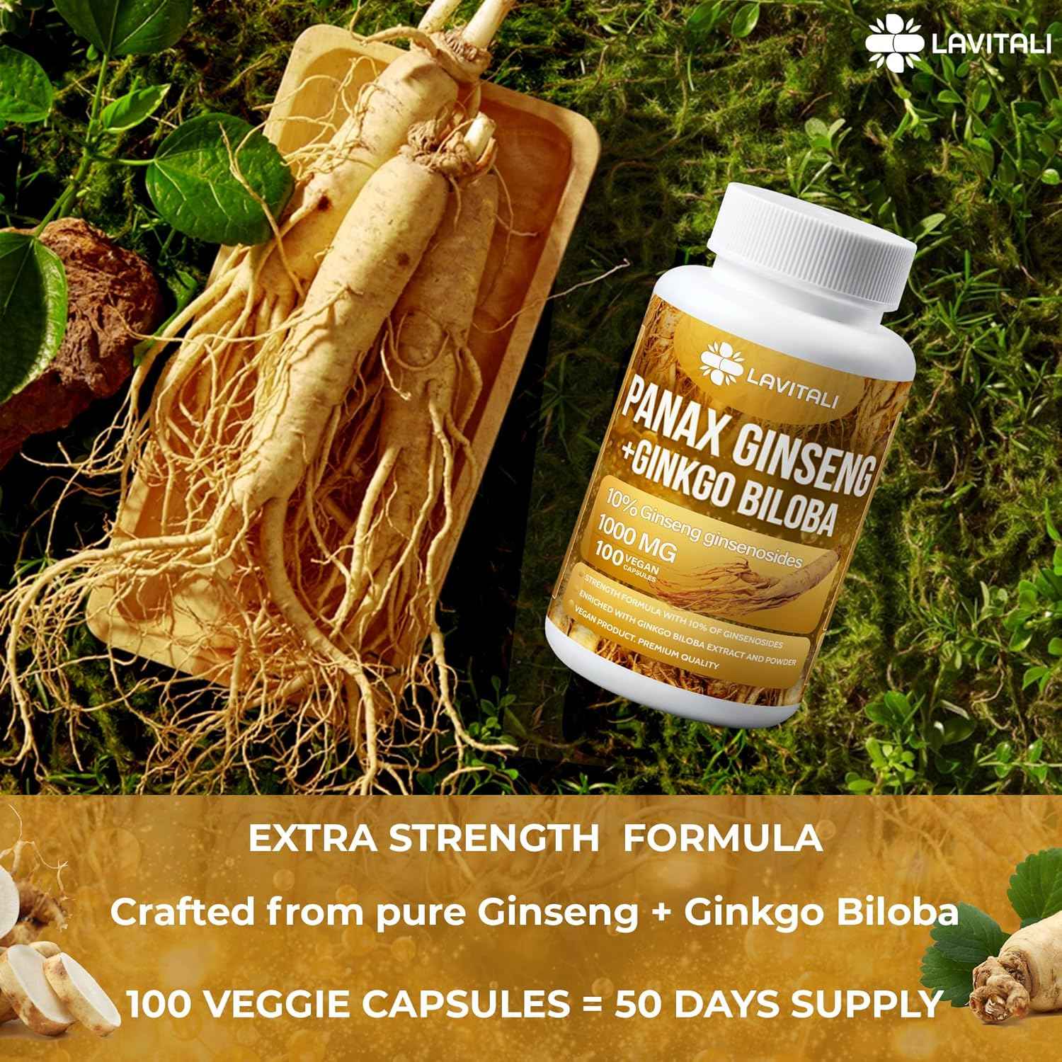 Ginseng &amp; Ginkgo Biloba Veggie Capsules, Non-GMO, Vegan, Gluten Free, Dairy Free