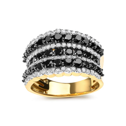 14K Yellow Gold Plated .925 Sterling Silver 1 3/4 Cttw Treated Black and White Alternating Diamond Multi Row Band Ring (Black / I-J Color, I2-I3 Clarity) - Size 7 by Bids.com