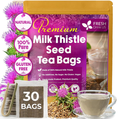 Premium Milk Thistle Tea Bags, 100% Natural &amp; Pure from Milk Thistle Seeds. Milk Thistle Seed Herbal Tea. Milk Thistle Seed Tea. Made with Natural Material Tea Bags. No Sugar, No Caffeine, No Gluten, Vegan. by FreshDrinkUS - Natural and Premium Herbal Tea