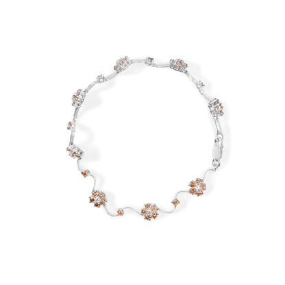 10K White Gold 4.0 Cttw Champagne and White Diamond Floral Cluster and Station Link Bracelet (H-I Color, SI2-I1 Clarity) - 7" Inches by Bids.com