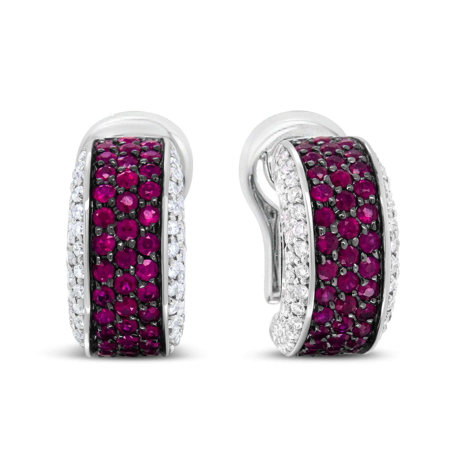 18K White Gold and Black Rhodium Plated 3/4 Cttw Round Diamonds and 1mm Round Red Ruby Huggie Hoop Earrings (F-G Color, VS1-VS2 Clarity) by Bids.com
