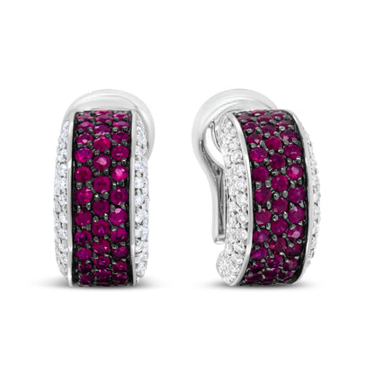 18K White Gold and Black Rhodium Plated 3/4 Cttw Round Diamonds and 1mm Round Red Ruby Huggie Hoop Earrings (F-G Color, VS1-VS2 Clarity) by Bids.com