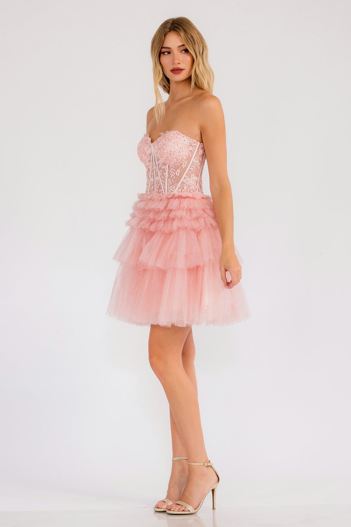 Juliet JT918A Dress Strapless Cocktail Leaf Lace Corset Bodice Ruffle Skirt by DiscountDressShop
