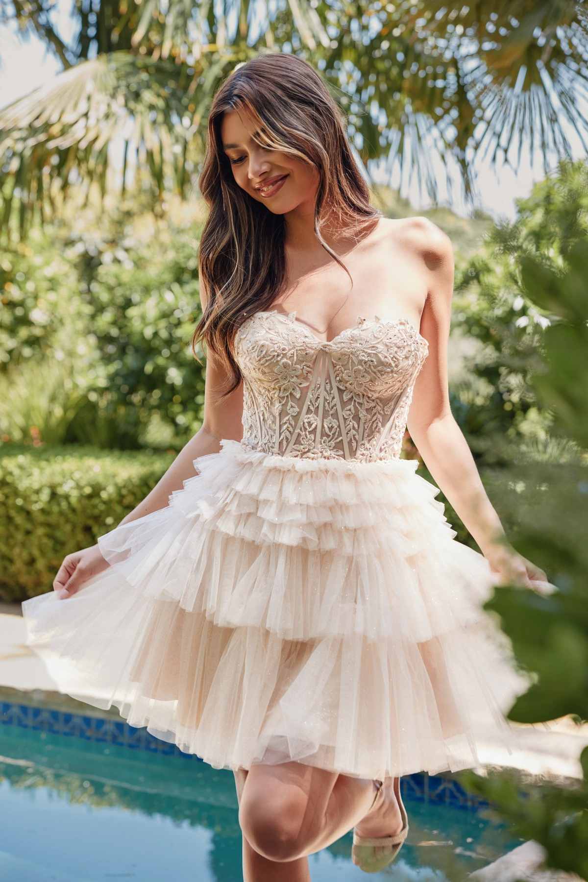 Juliet JT918A Dress Strapless Cocktail Leaf Lace Corset Bodice Ruffle Skirt by DiscountDressShop