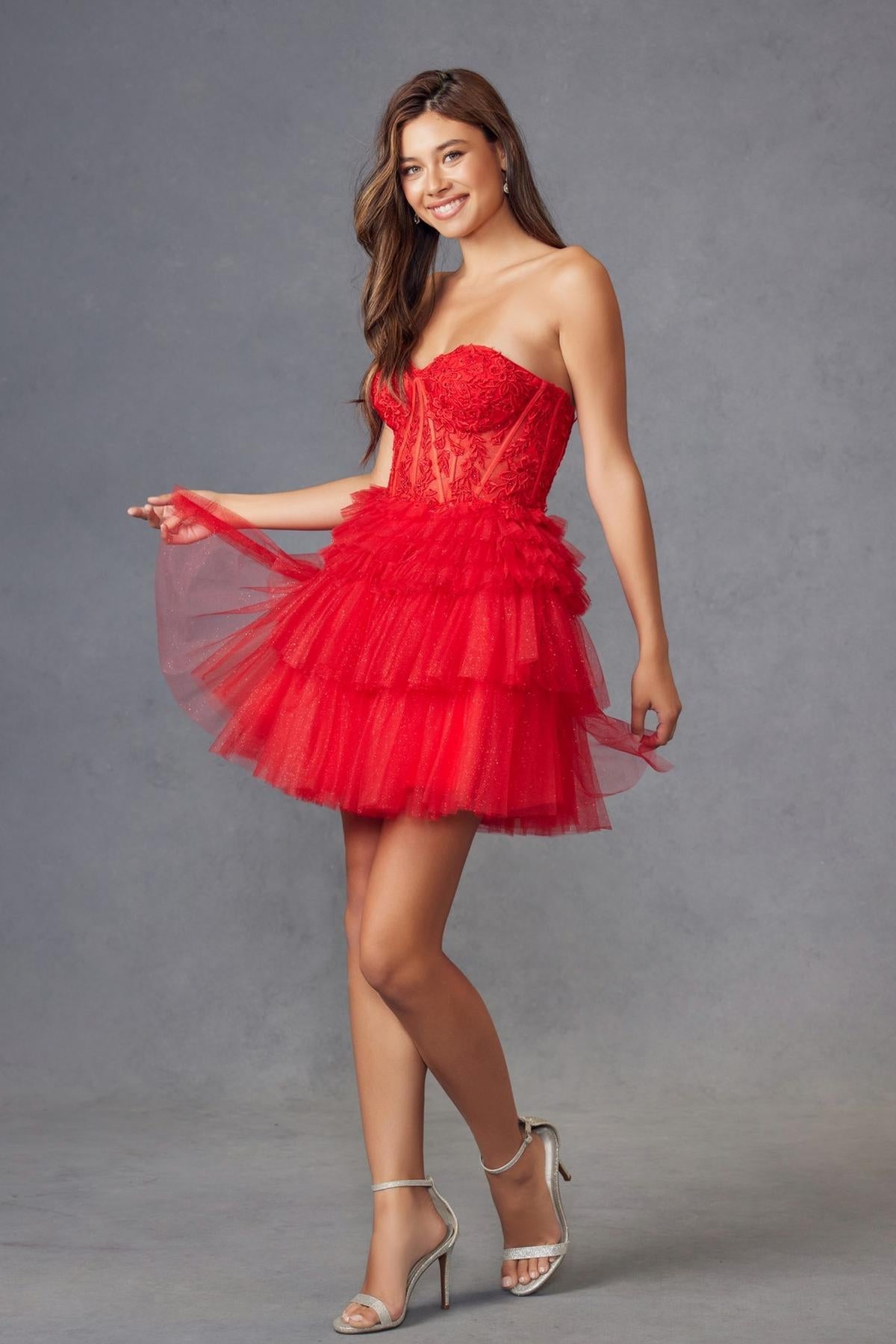 Juliet JT918A Dress Strapless Cocktail Leaf Lace Corset Bodice Ruffle Skirt by DiscountDressShop