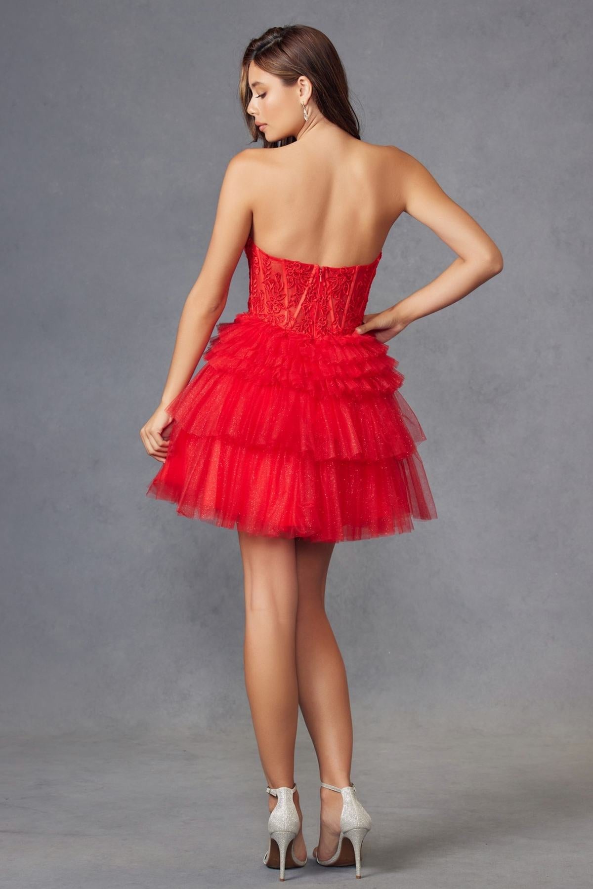 Juliet JT918A Dress Strapless Cocktail Leaf Lace Corset Bodice Ruffle Skirt by DiscountDressShop