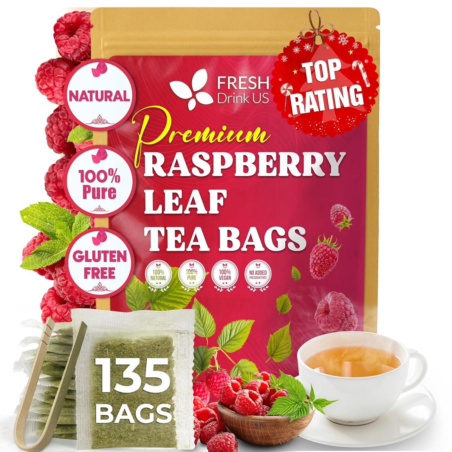 Raspberry Leaf Tea Bags, 100% Natural &amp; Pure from Raspberry Leaves. Loose Leaf Raspberry Herbal Tea, Made with Natural Material Tea Bags, Raspberry Leaf Tea. No Sugar, No Caffeine, No Gluten, Vegan. by FreshDrinkUS - Natural and Premium Herbal Tea
