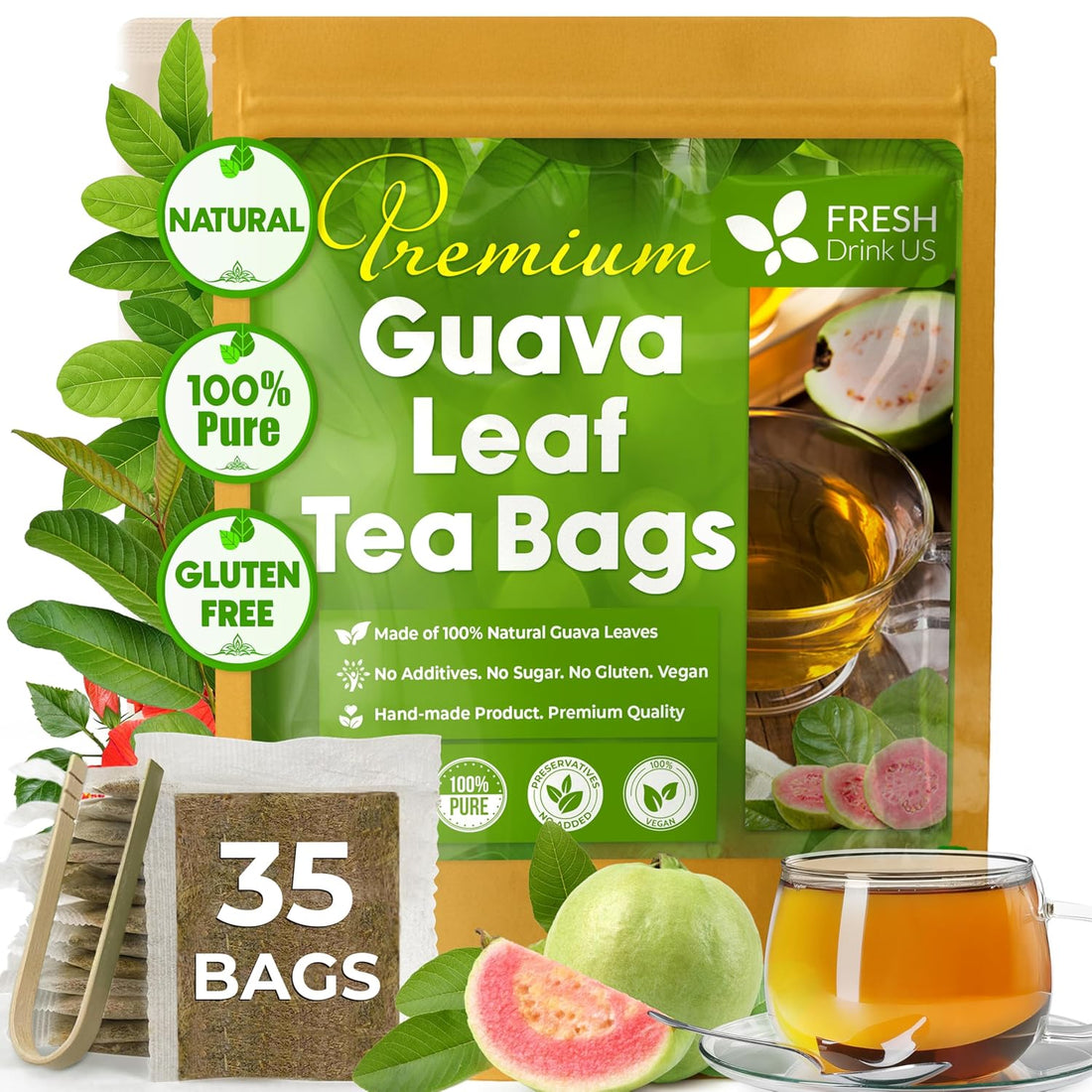 Natural Guava Leaves, Whole Dried Leaves, Cut-and-Sifted Guava leaves, 100% Pure from Guava Leaves, Natural Guava Loose Leaf Herbal Tea, No Additives, No Caffeine, Vegan by FreshDrinkUS - Natural and Premium Herbal Tea