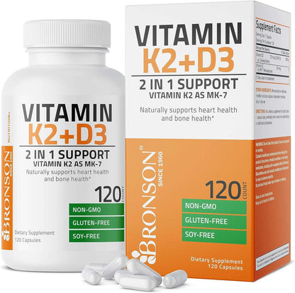 Bronson Vitamin K2 (MK7) with D3 Supplement Non-GMO Formula 5000 IU Vitamin D3 &amp; 90 mcg Vitamin K2 MK-7 Easy to Swallow Vitamin D &amp; K Complex, 120 Capsules by NutritionAdvice