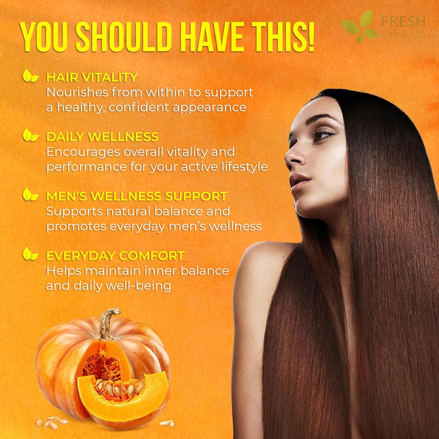 Premium Pumpkin Seed Oil Softgels with Saw Palmetto, 3000mg Per Serving, Cold Pressed, Pure Virgin Oil, Great Hair Support, Non-GMO, Gluten-Free, Vegan by FreshDrinkUS - Natural and Premium Herbal Tea
