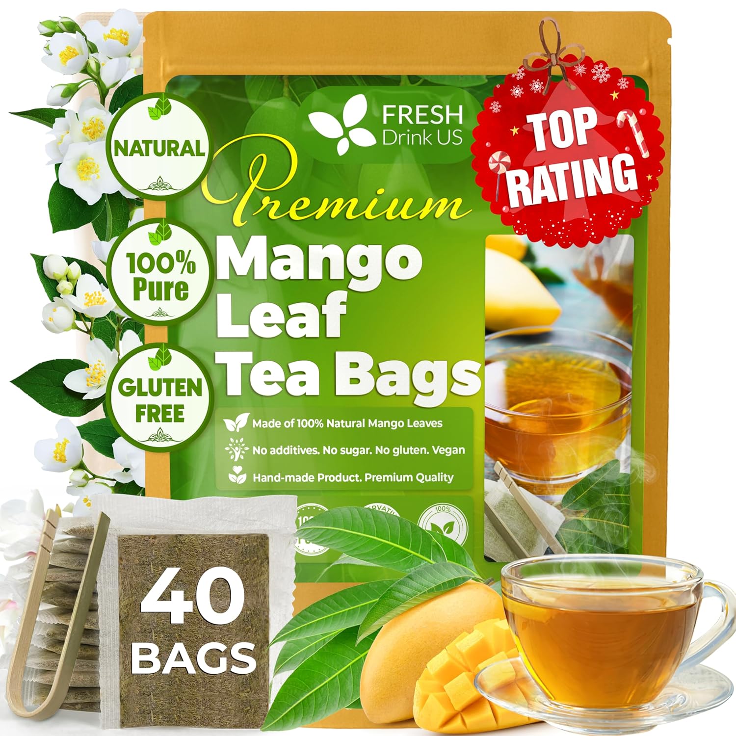 Mango Leaf, Whole Dried Leaves, Tea Bags, Powder, 100% Natural &amp; Pure from Mango Leaves. Mango Dried Leaves. Loose Leaf Mango Herbal Tea. Mango Leaf Tea. No Sugar, No Caffeine, No Gluten, Vegan. by FreshDrinkUS - Natural and Premium Herbal Tea