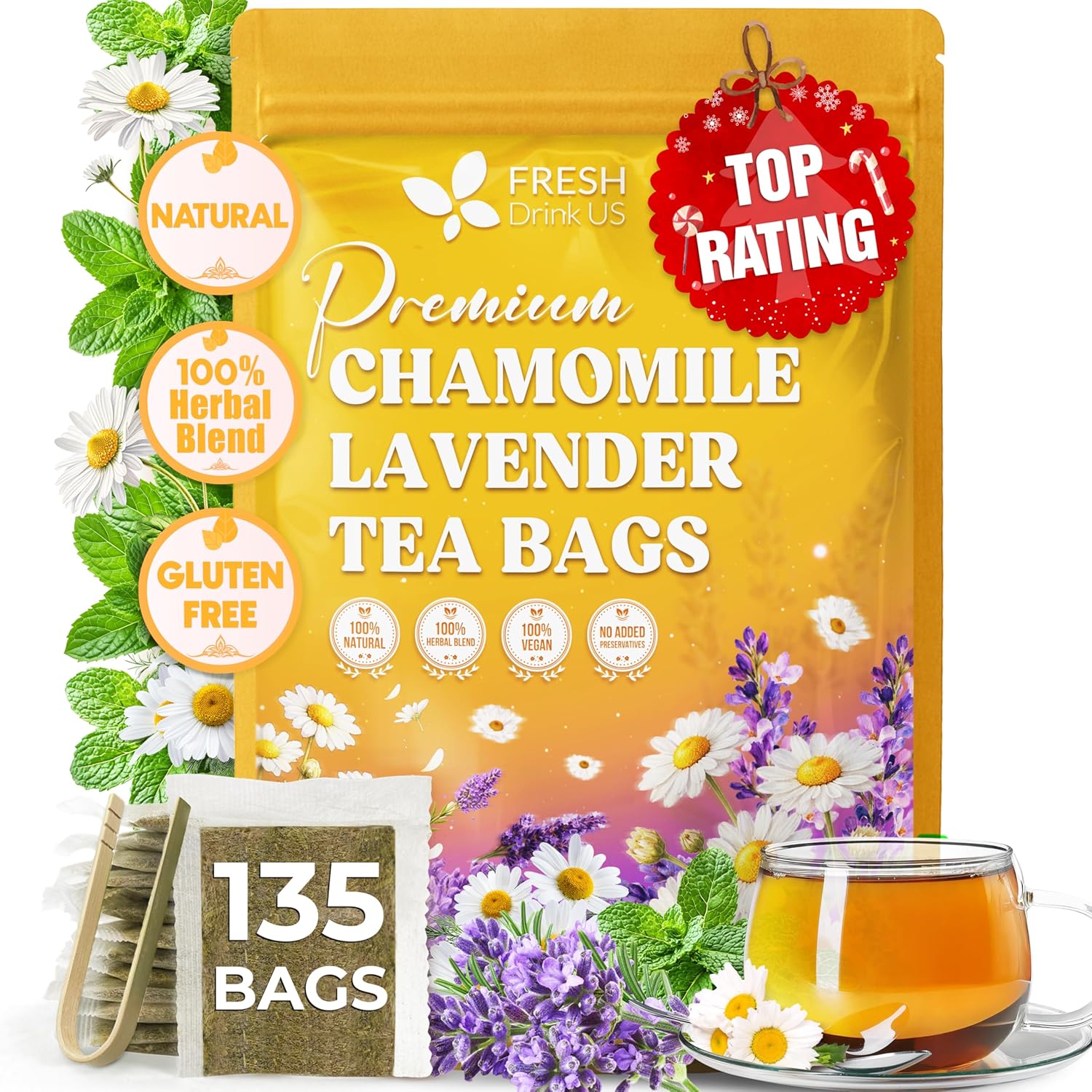 Premium Chamomile Lavender Tea Bags, Eco-conscious Tea Bags. No Sugar, No Caffeine, No Gluten, Vegan. by FreshDrinkUS - Natural and Premium Herbal Tea