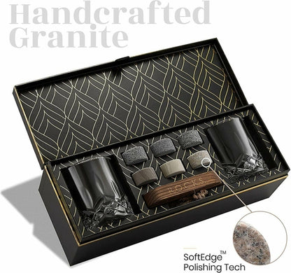 Whiskey Stones Gift Set - Signature Crystal Glasses & Granite Cooling Stones