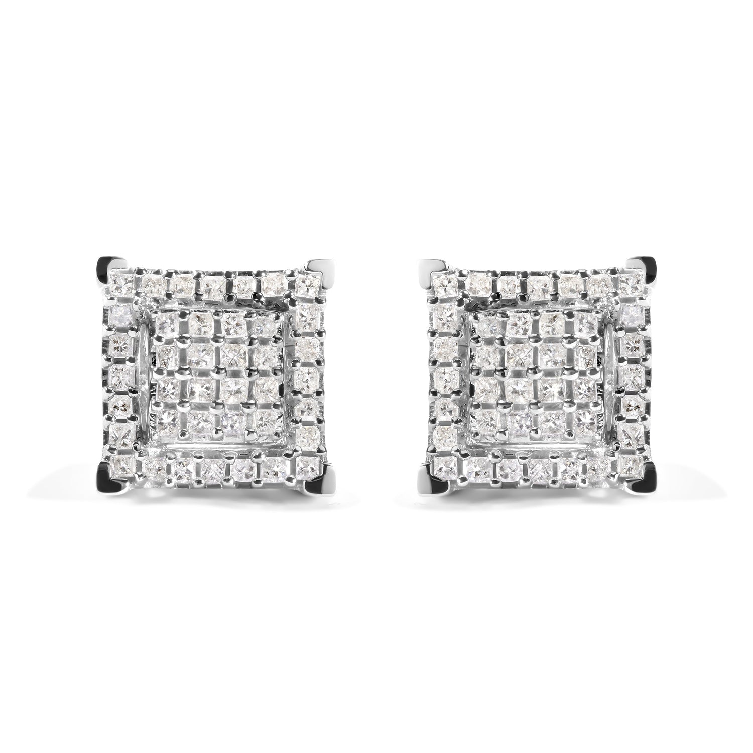 10K White Gold 1 1/4 Cttw Princess Diamond Composite Double Square and Halo Stud Earrings (I-J Color, I1-I2 Clarity) by Bids.com