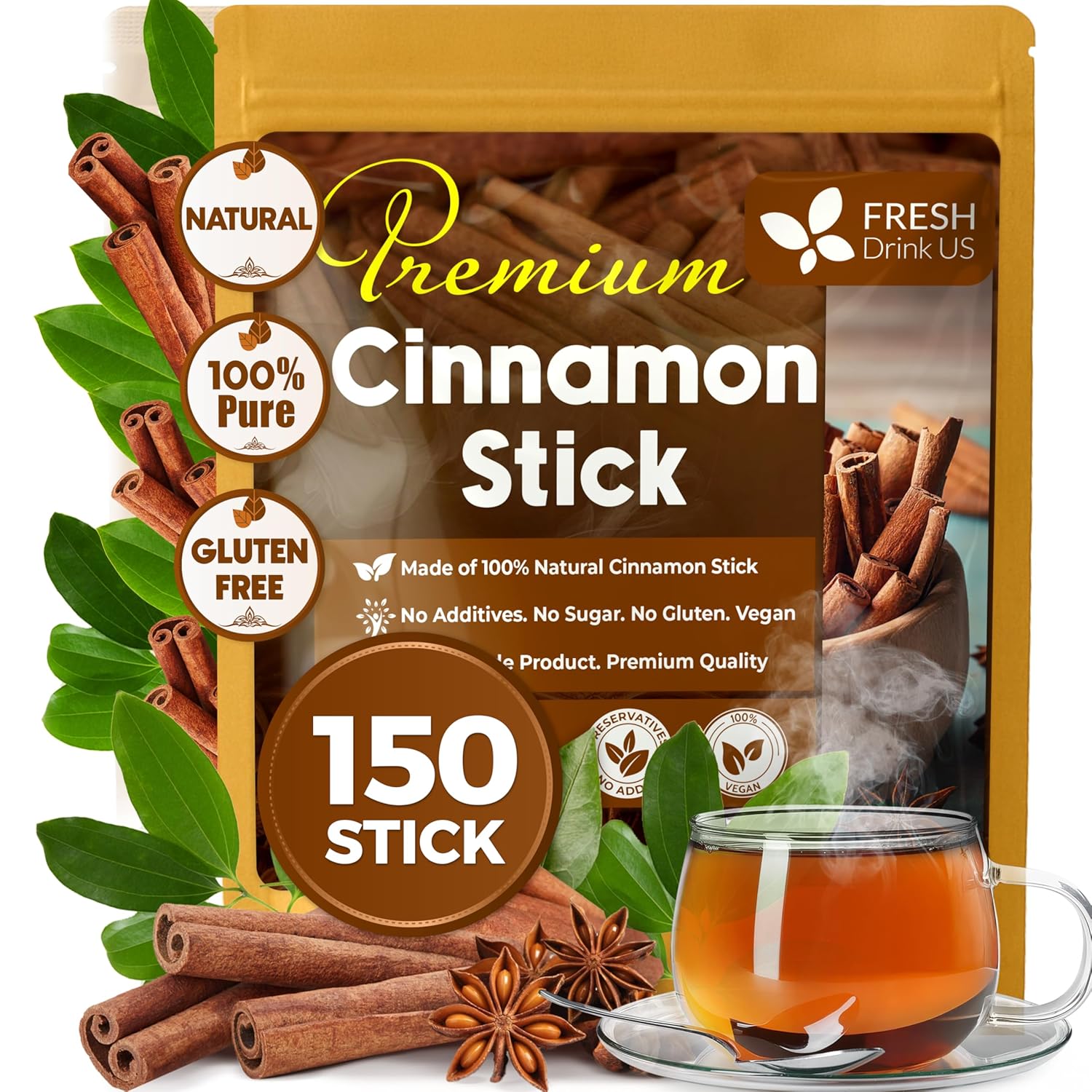 Cinnamon Sticks, Whole Sticks, 100% Natural &amp; Pure Cinnamon Inner Bark, Raw Cinnamon Spice Flavor &amp; Strong Aroma, Cinnamon Spice Herbal Tea, Perfect for Warm Beverages, No Additives, Vegan by FreshDrinkUS - Natural and Premium Herbal Tea