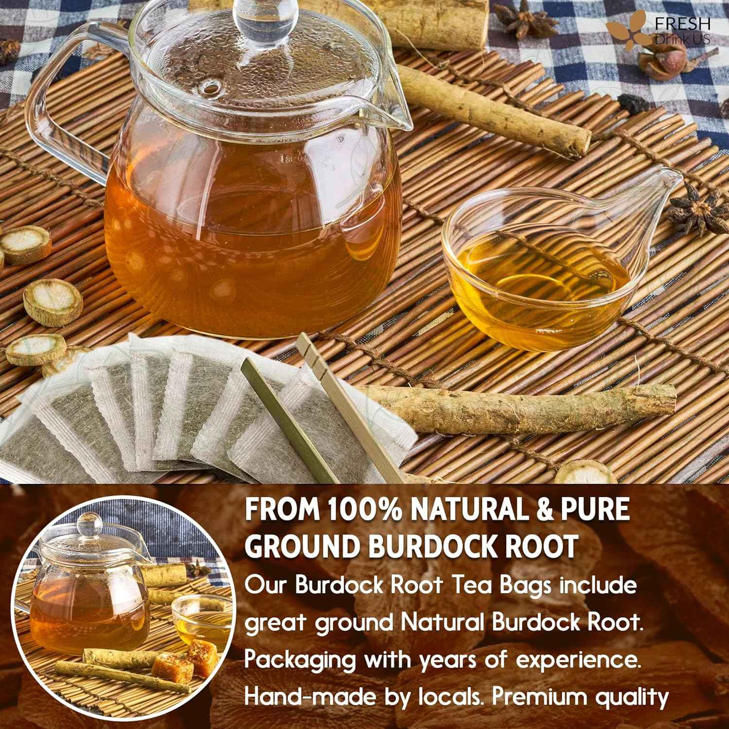 Burdock Root Tea Bags, 100% Natural &amp; Pure from Burdock Root. Burdock Root Herbal Tea. Burdock Root Tea. No Sugar, No Caffeine, No Gluten, Vegan.