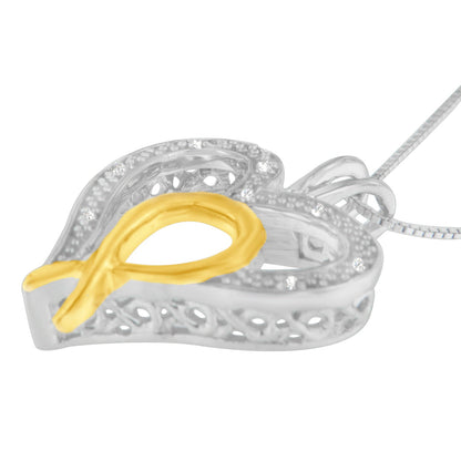 .925 Sterling Silver Two Toned 1/25 cttw Diamond Heart-Ribbon Pendant Necklace (I-J, I2-I3)  DestGlow