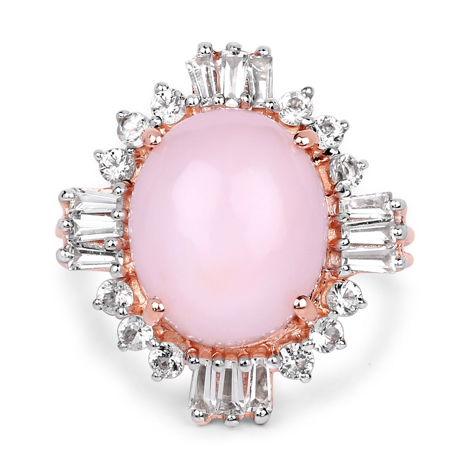 14K Rose Gold Plated 6.42 Carat Genuine Pink Opal and White Topaz .925 Sterling Silver Ring  DestGlow