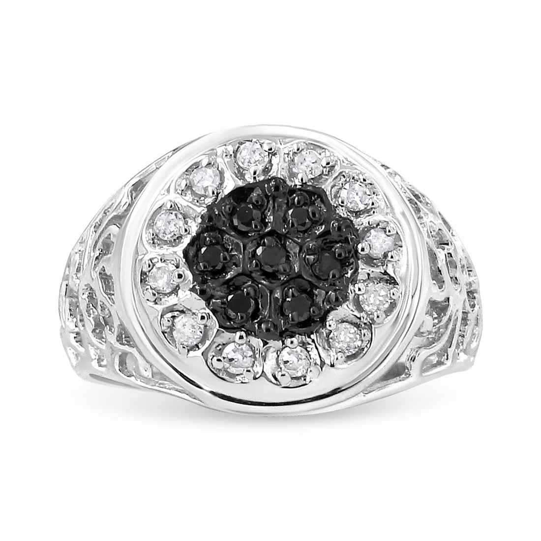 .925 Sterling Silver 1/4 Cttw White and Black Treated Diamond Halo Cluster Ring for Men (I-J Color, I3 Clarity) - Size 10 by Bids.com